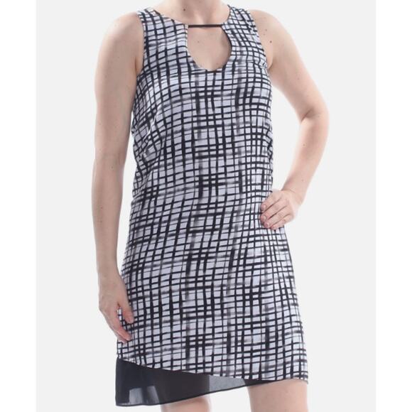 Bar III Size S	Women's Black Grid Print Handkerchief Hem Shift Dress - Picture 1 of 9